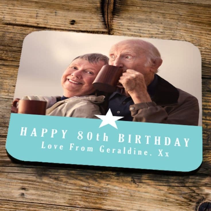 Personalised 80th Birthday Blue Photo Coaster Set of 2