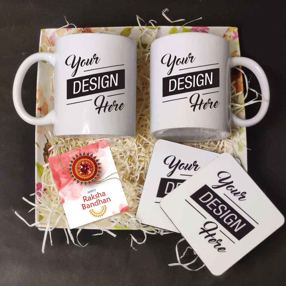 Express Your Love this Rakhi with Our Heartwarming Product Combo: Mug, Coaster, and Greeting Card!