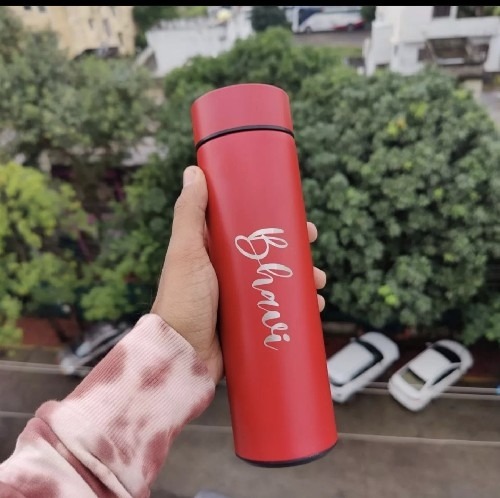 personalized red temperature water bottle with your name
